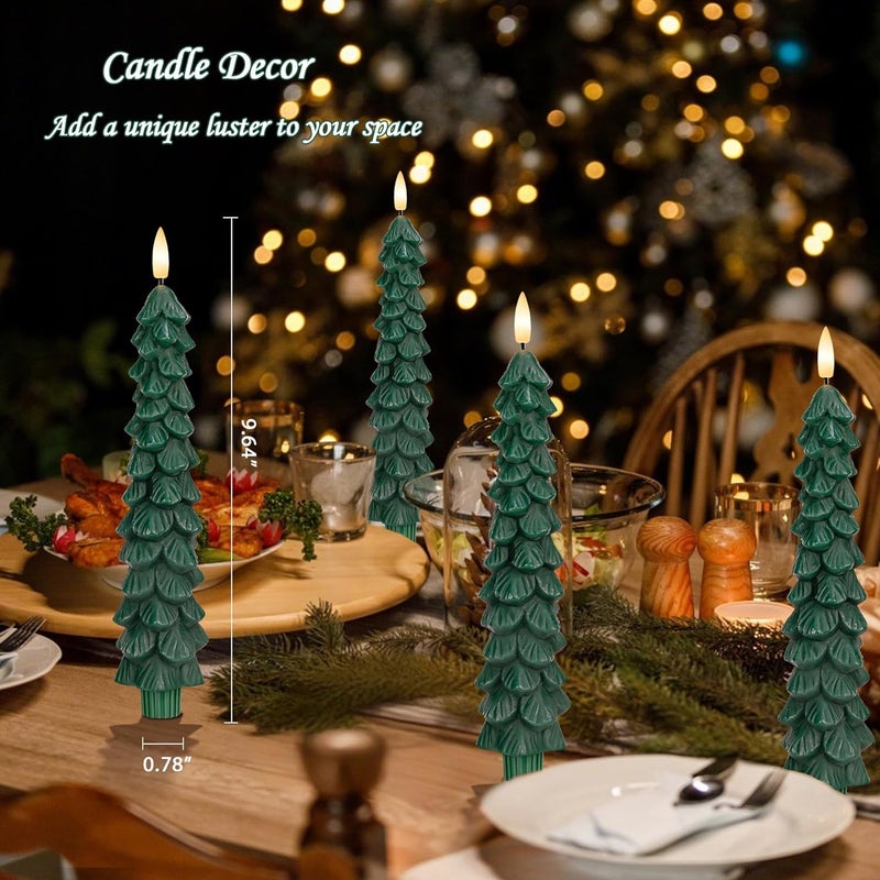 AFINETH Christmas Tree Candles with Remote, 4 Pack Green Flameless Taper Candles Battery Operated, Real Wax 9.6 Inch Flickering Led Christmas Tree Candlesticks Decorations for Winter Home Holiday Xmas Gift - Image 5